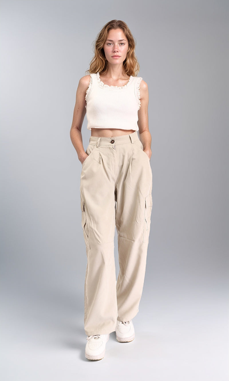 R210304 - High-Waisted Casual Cargo Pants - Pastel Beige
