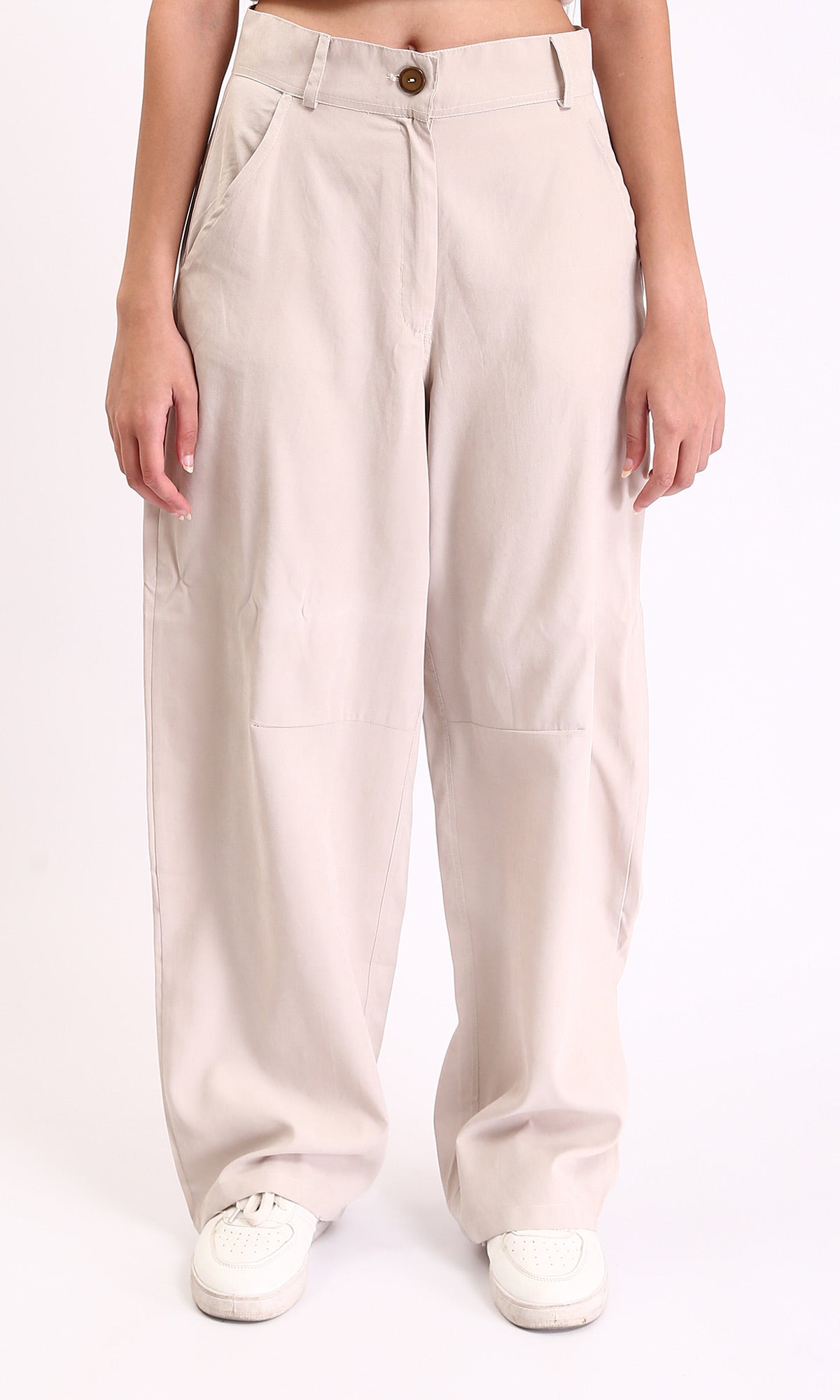 High-Waisted Casual Cargo Pants - Light Beige