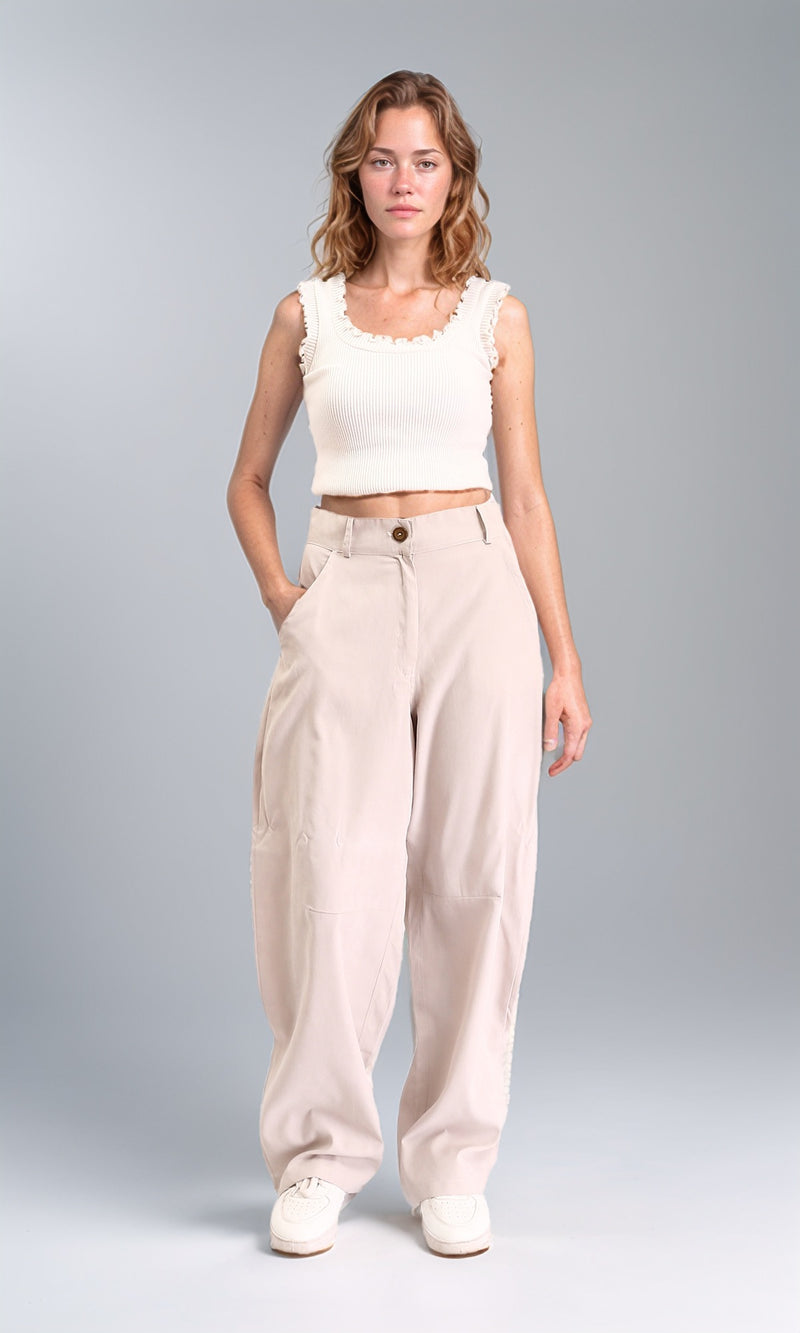 R210305 - High-Waisted Casual Cargo Pants - Light Beige