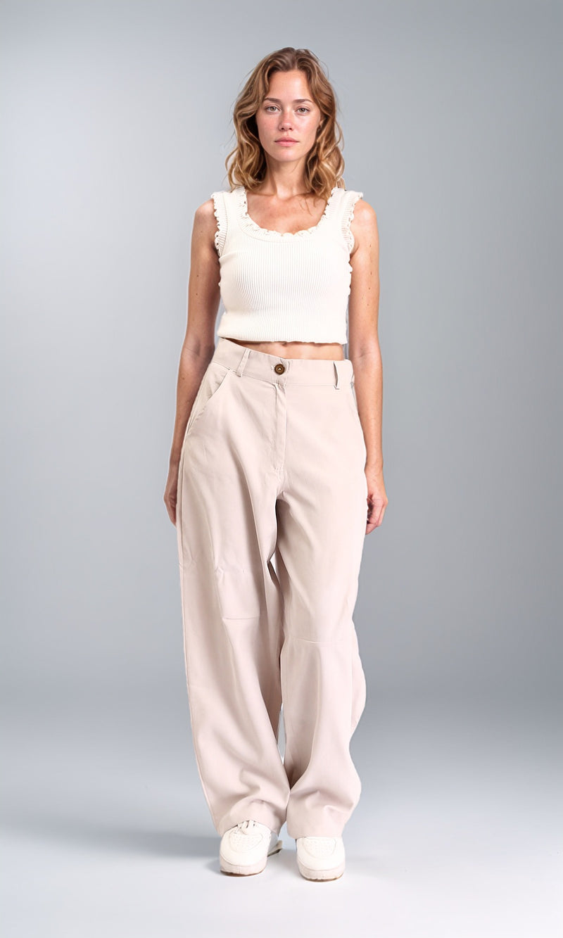 R210305 - High-Waisted Casual Cargo Pants - Light Beige