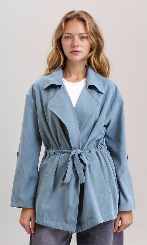 R210308 - Notched Lapel Solid Belted Jacket - Dusty Blue