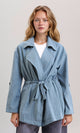 R210308 - Notched Lapel Solid Belted Jacket - Dusty Blue