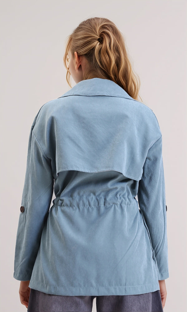 R210308 - Notched Lapel Solid Belted Jacket - Dusty Blue