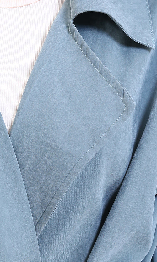 R210308 - Notched Lapel Solid Belted Jacket - Dusty Blue