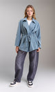 R210308 - Notched Lapel Solid Belted Jacket - Dusty Blue