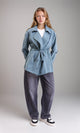 R210308 - Notched Lapel Solid Belted Jacket - Dusty Blue