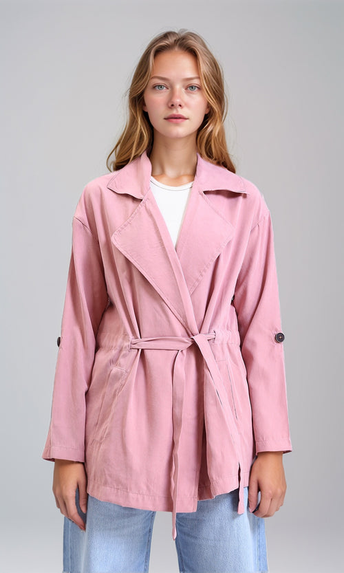 R210309 - Notched Lapel Solid Belted Jacket - Light Pink