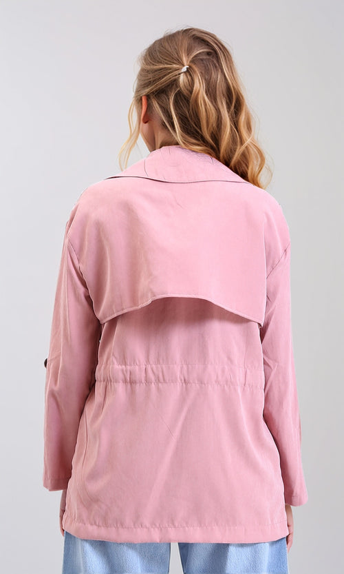 R210309 - Notched Lapel Solid Belted Jacket - Light Pink