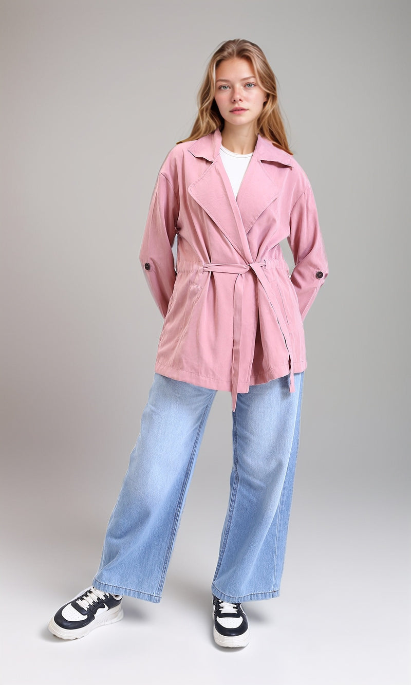 R210309 - Notched Lapel Solid Belted Jacket - Light Pink