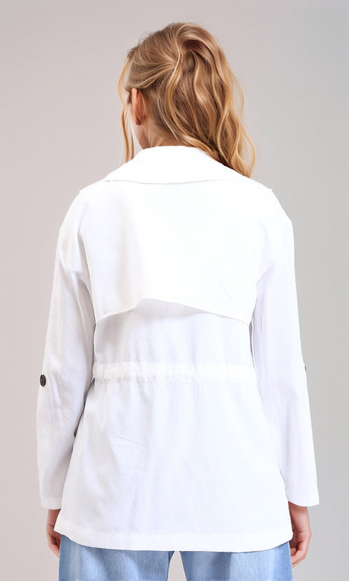 R210310 - Notched Lapel Solid Belted Jacket - White