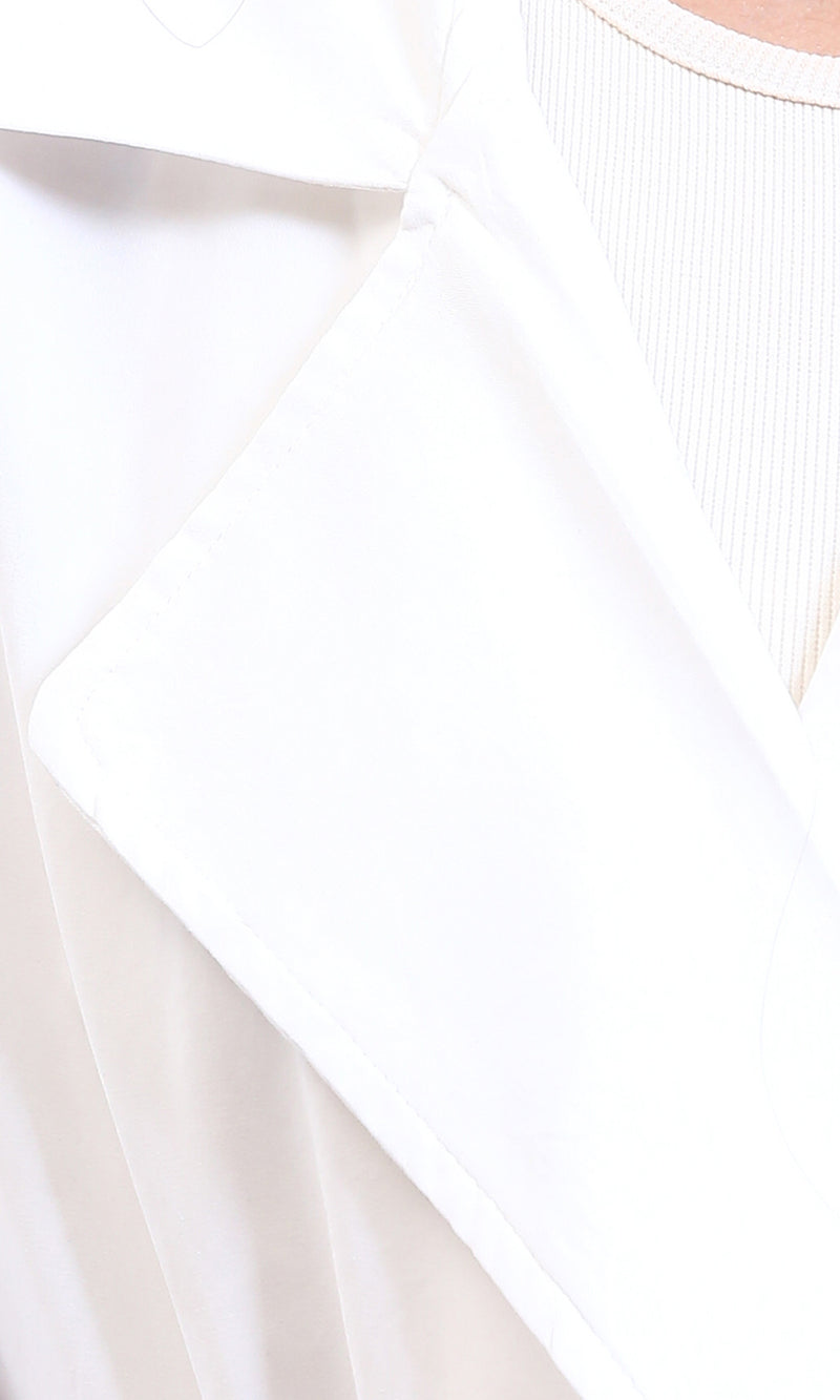 R210310 - Notched Lapel Solid Belted Jacket - White