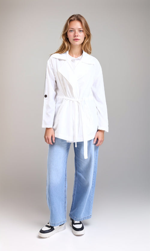 R210310 - Notched Lapel Solid Belted Jacket - White