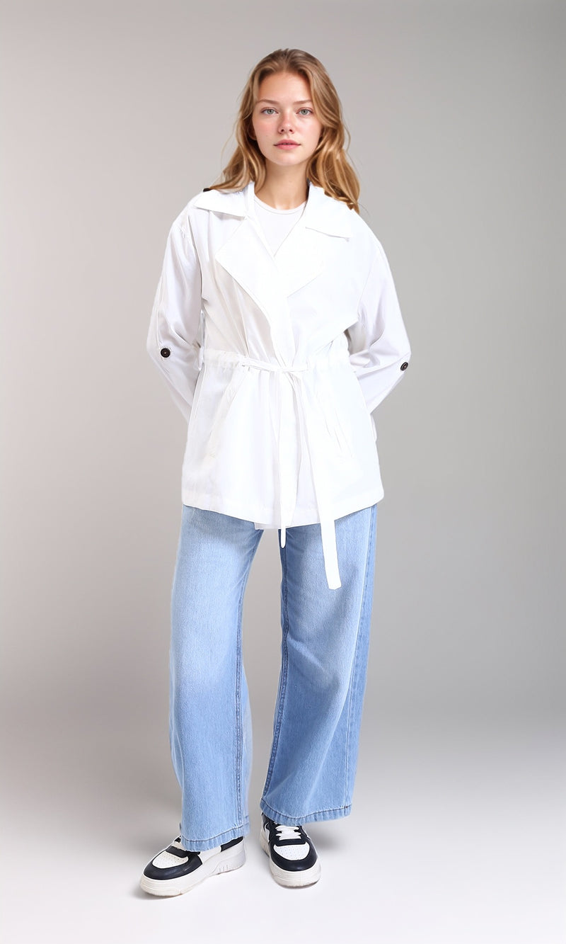 R210310 - Notched Lapel Solid Belted Jacket - White