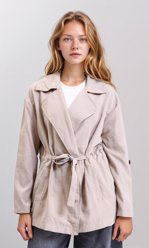 R210311 - Notched Lapel Solid Belted Jacket - Coffee