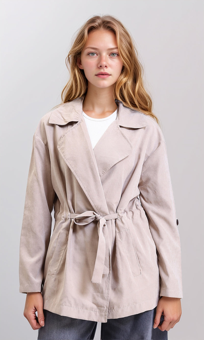R210311 - Notched Lapel Solid Belted Jacket - Coffee