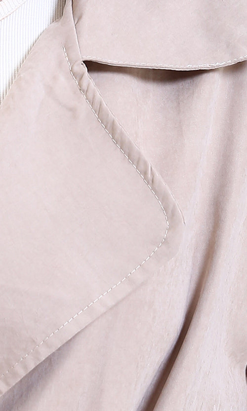 R210311 - Notched Lapel Solid Belted Jacket - Coffee