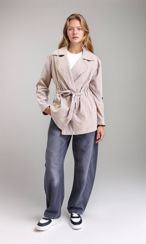 R210311 - Notched Lapel Solid Belted Jacket - Coffee
