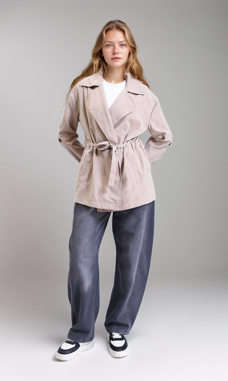 R210311 - Notched Lapel Solid Belted Jacket - Coffee