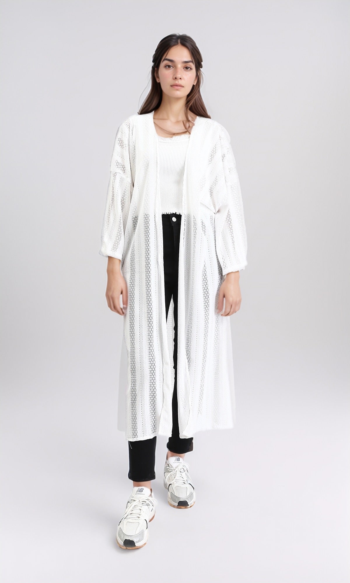 Self Pattern Perforated Long Cardigan - White