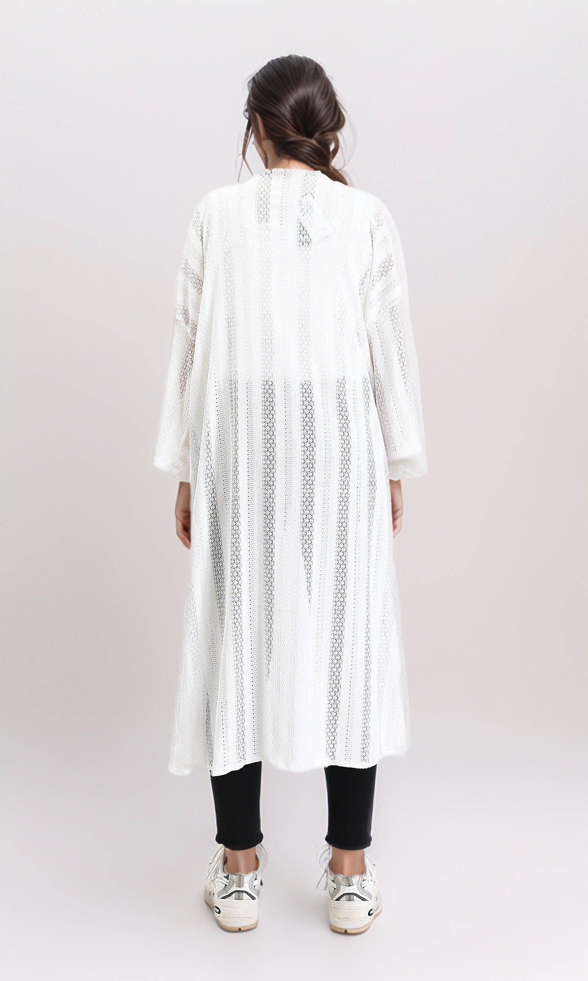 R210312 - Self Pattern Perforated Long Cardigan - White