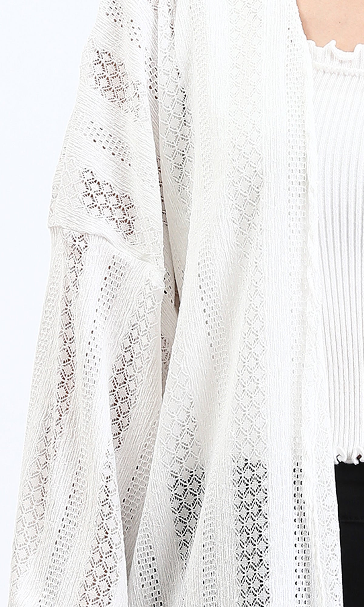 R210312 - Self Pattern Perforated Long Cardigan - White