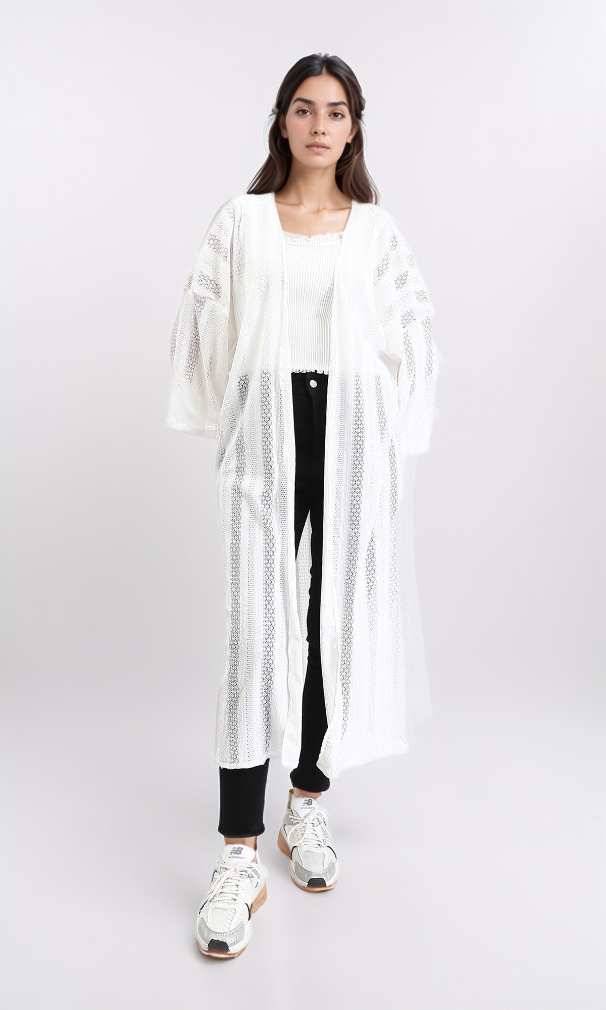 R210312 - Self Pattern Perforated Long Cardigan - White