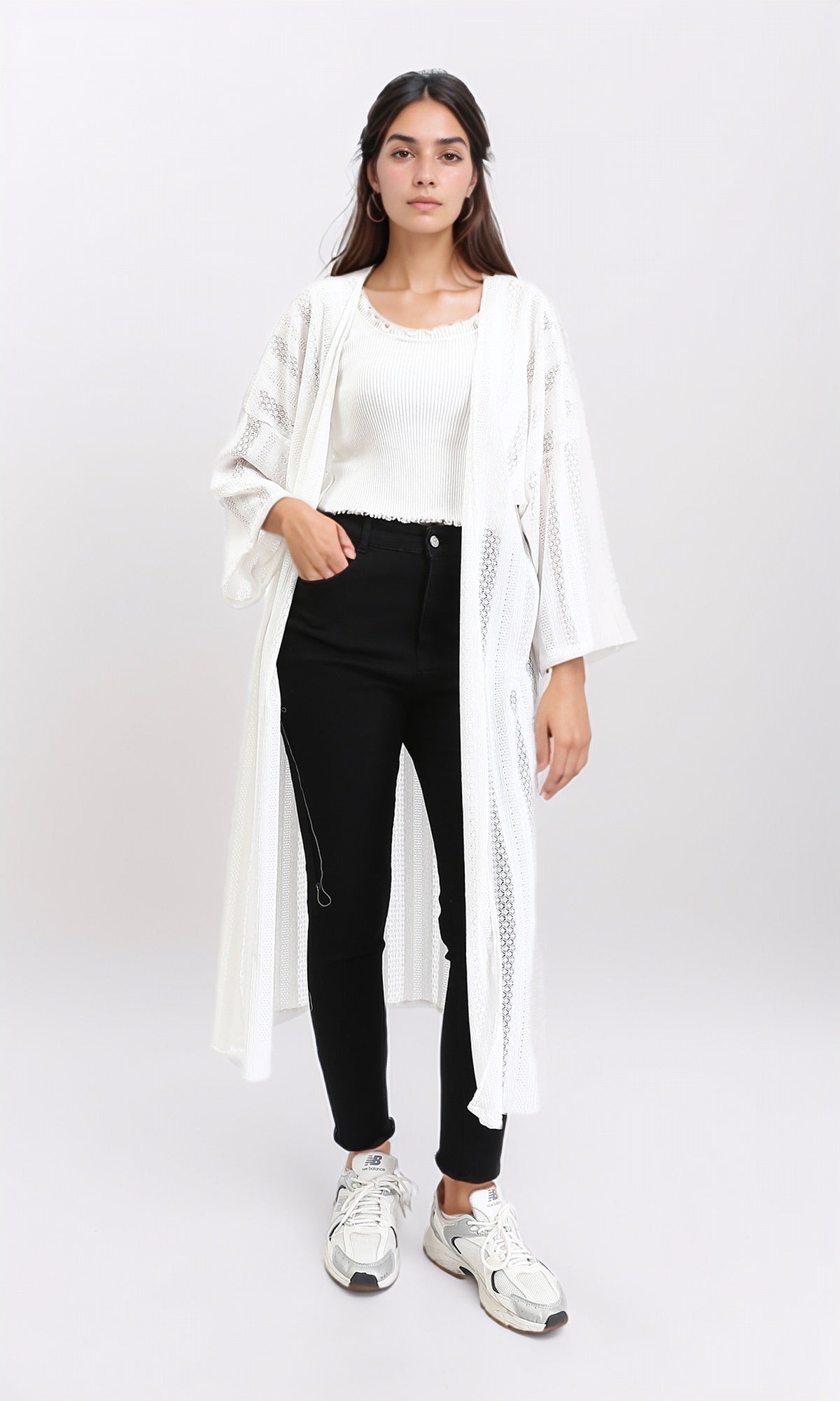 R210312 - Self Pattern Perforated Long Cardigan - White