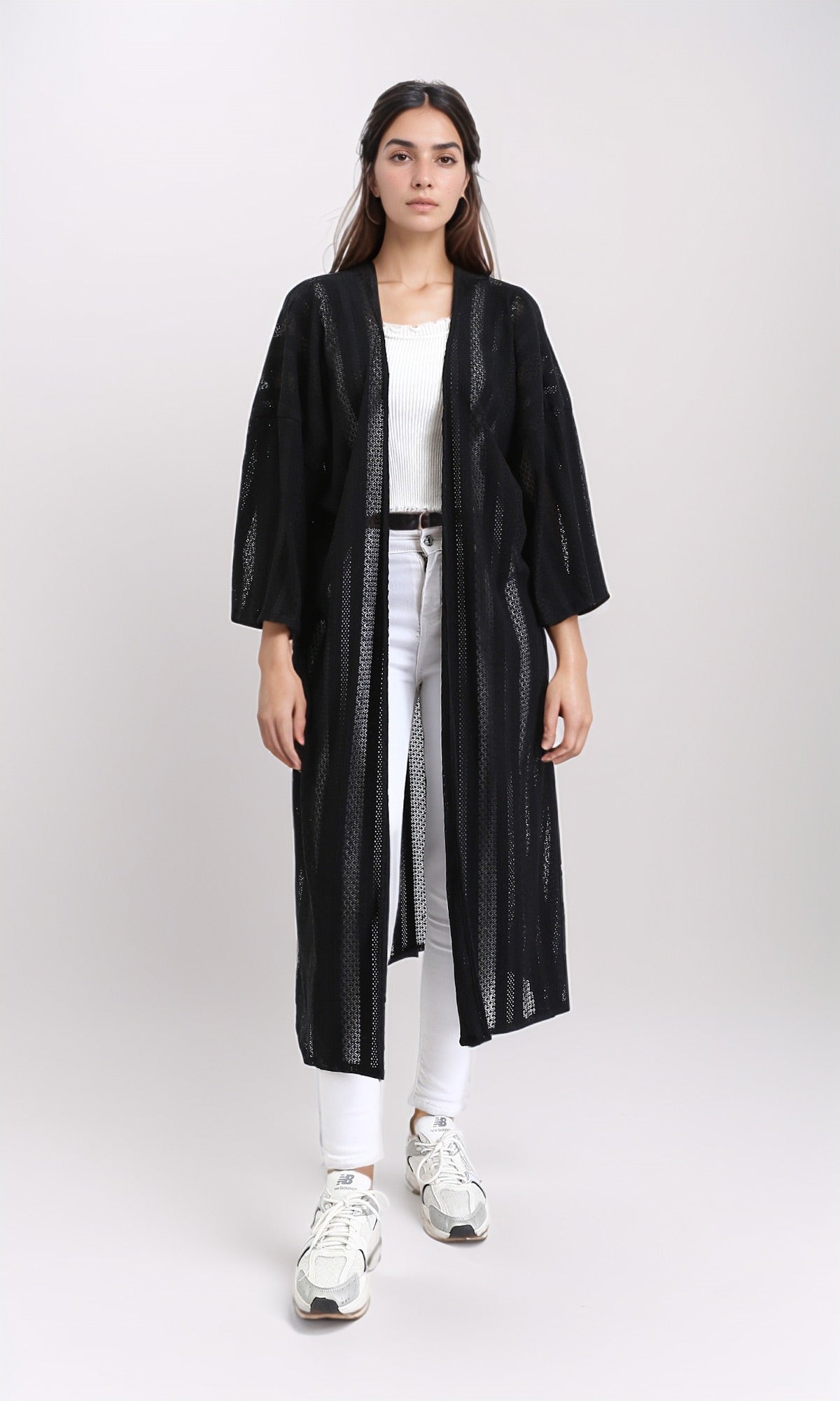 Self Pattern Perforated Long Cardigan - Black