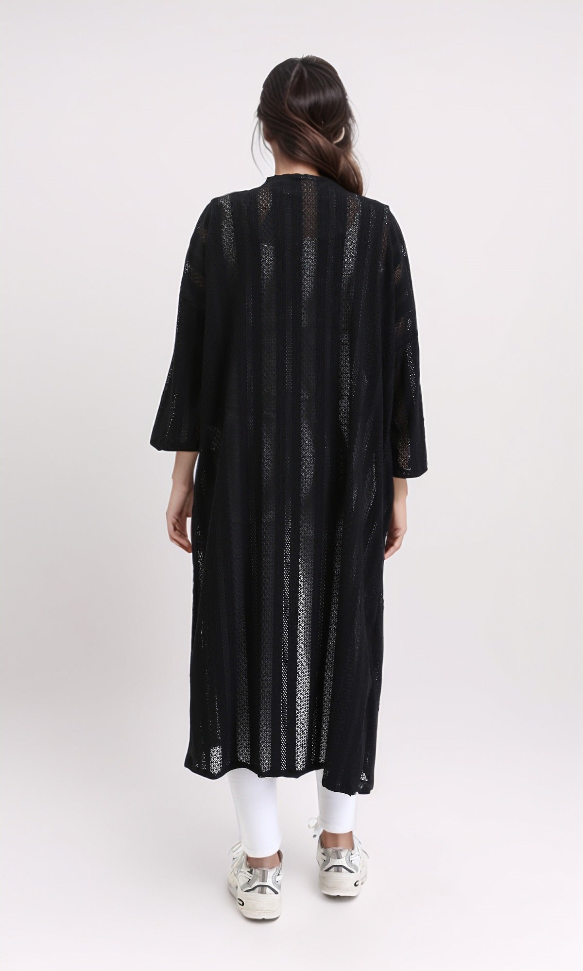 R210313 - Self Pattern Perforated Long Cardigan - Black