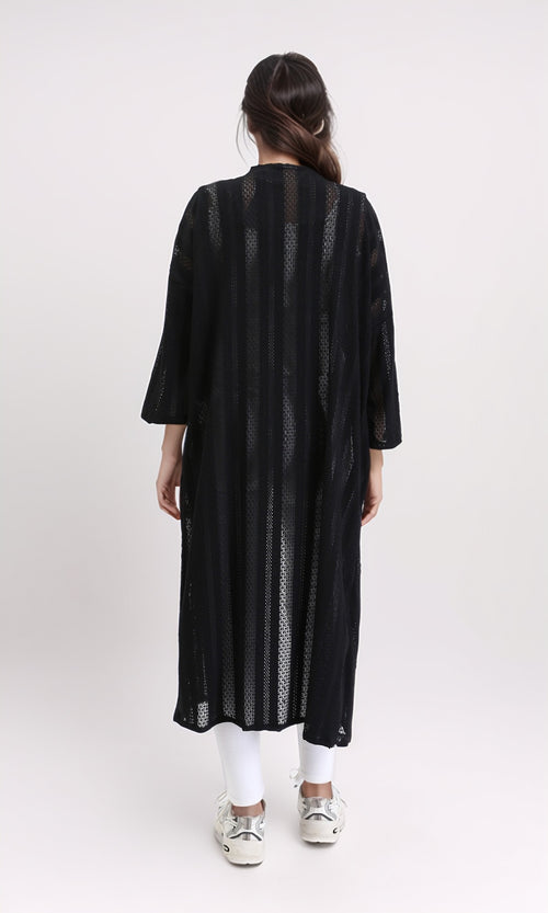 R210313 - Self Pattern Perforated Long Cardigan - Black