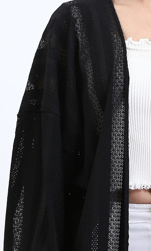 R210313 - Self Pattern Perforated Long Cardigan - Black