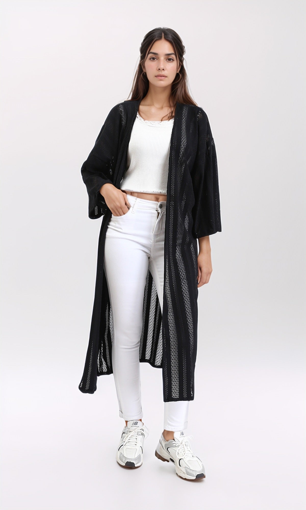R210313 - Self Pattern Perforated Long Cardigan - Black