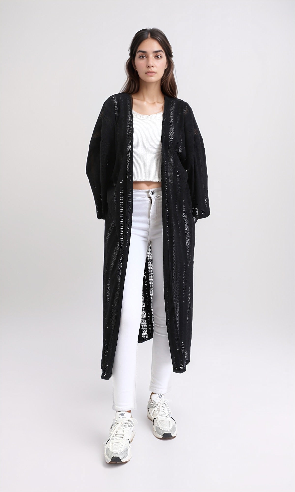R210313 - Self Pattern Perforated Long Cardigan - Black