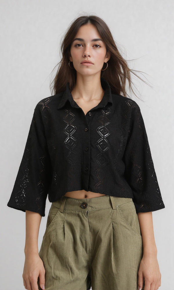 R210314 - 3/4 Sleeves Buttoned Sheer Shirt - Black