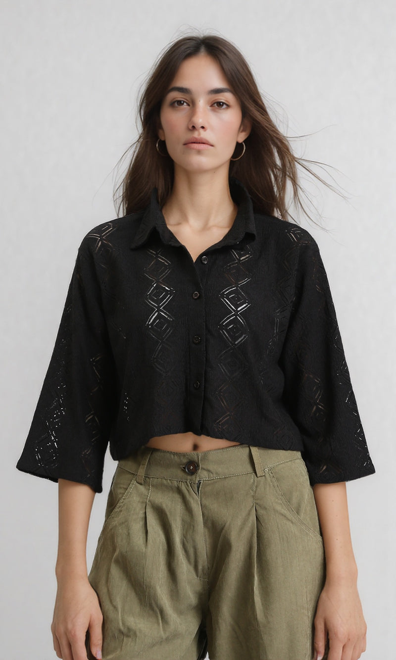 R210314 - 3/4 Sleeves Buttoned Sheer Shirt - Black