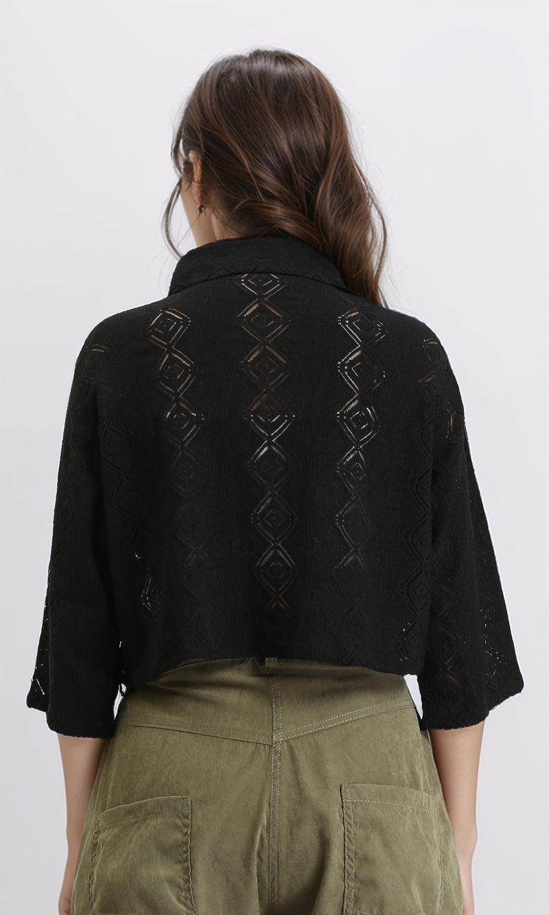 R210314 - 3/4 Sleeves Buttoned Sheer Shirt - Black