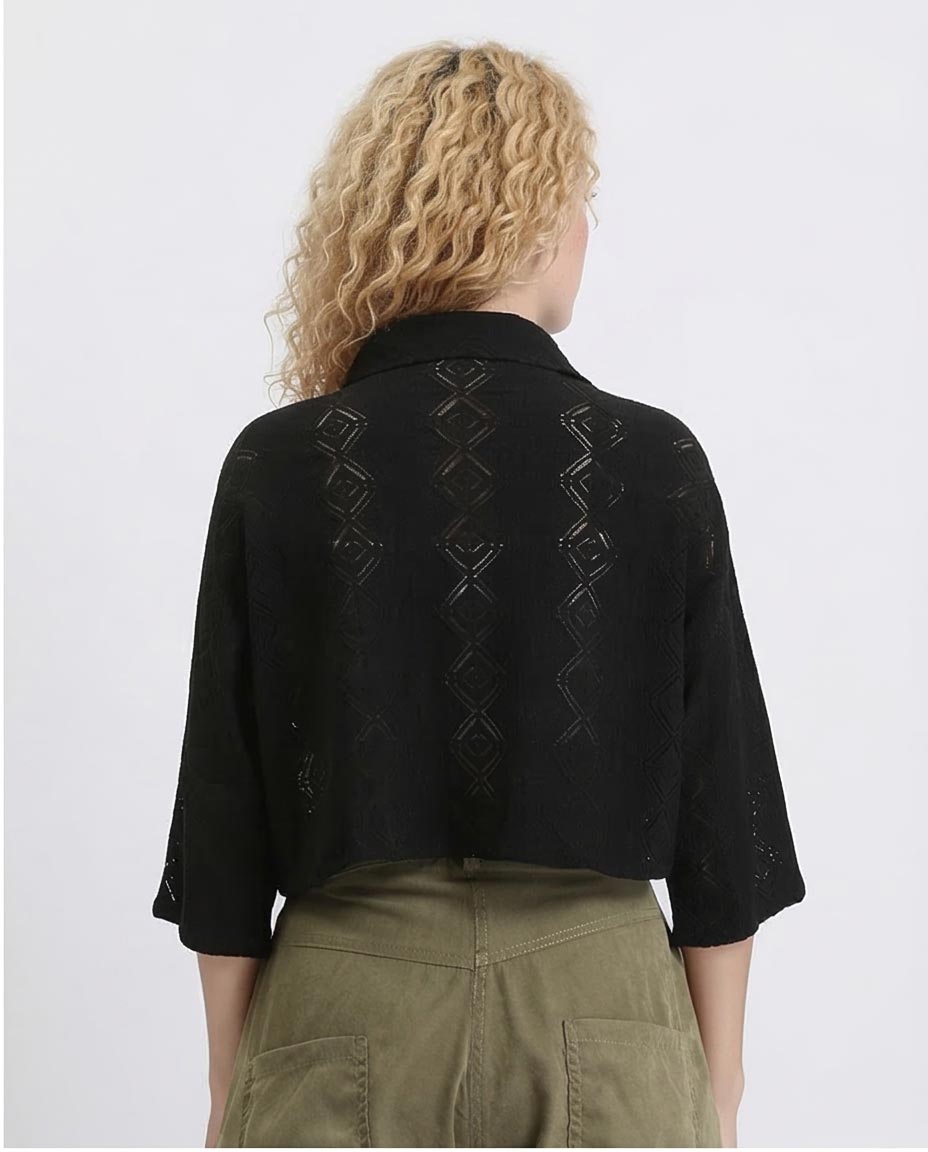 Ravin Diamond-Pattern Eyelet Cropped Shirt - Black - R210314