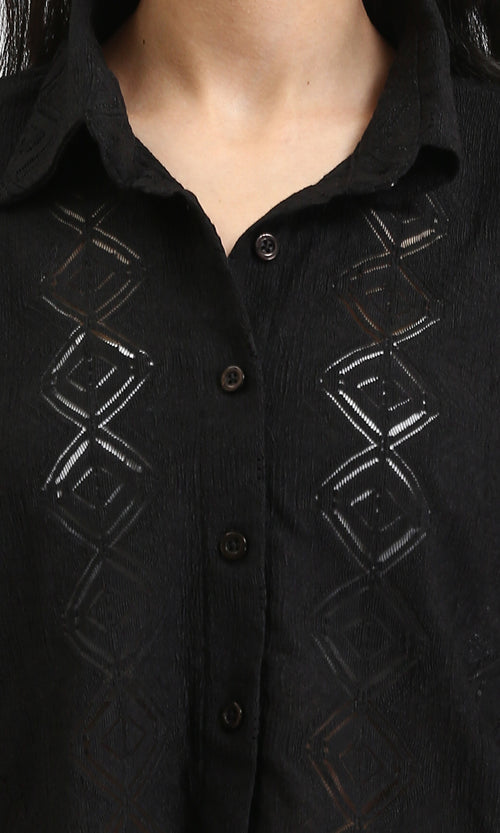 R210314 - 3/4 Sleeves Buttoned Sheer Shirt - Black