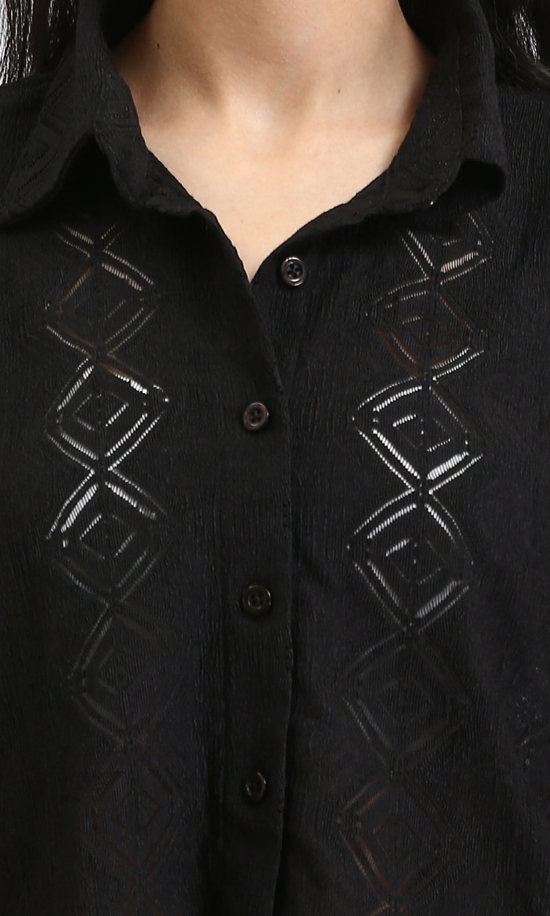 R210314 - 3/4 Sleeves Buttoned Sheer Shirt - Black