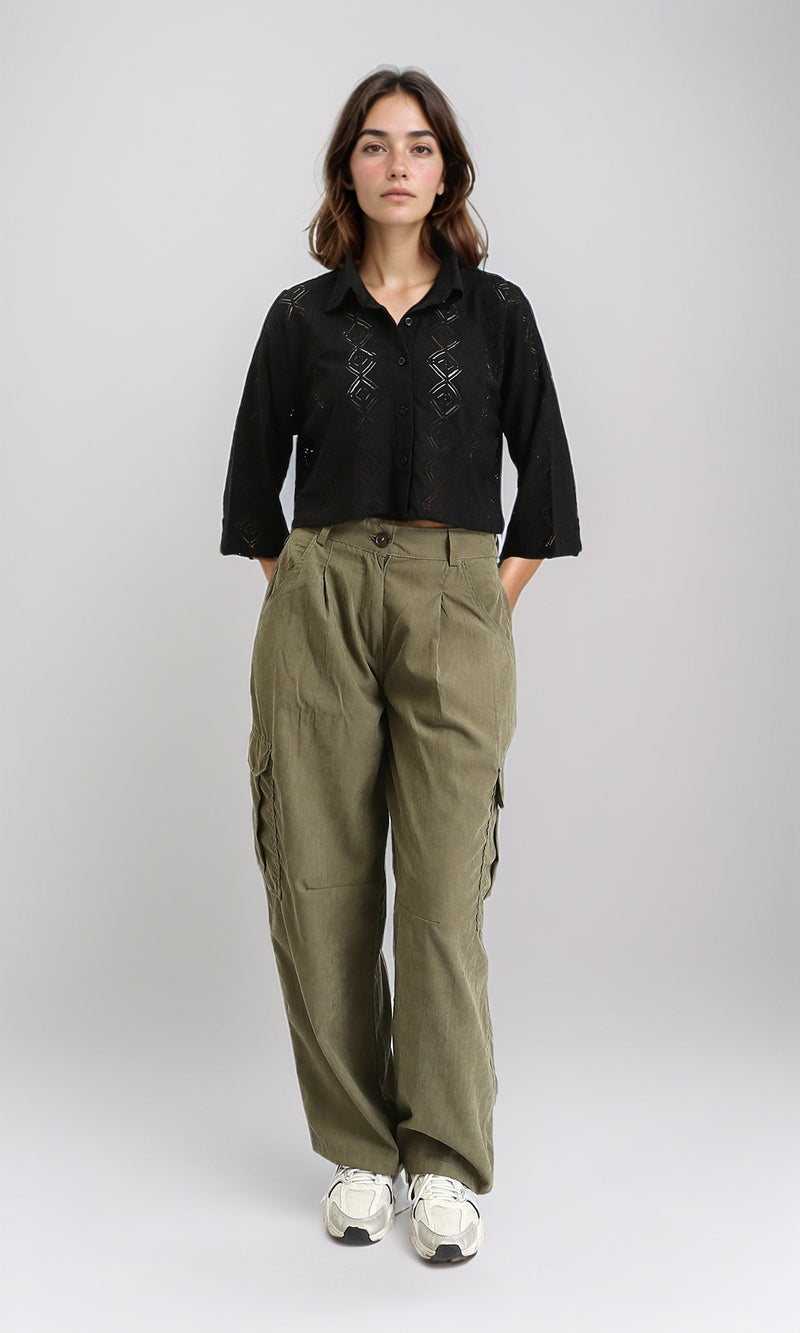 R210314 - 3/4 Sleeves Buttoned Sheer Shirt - Black