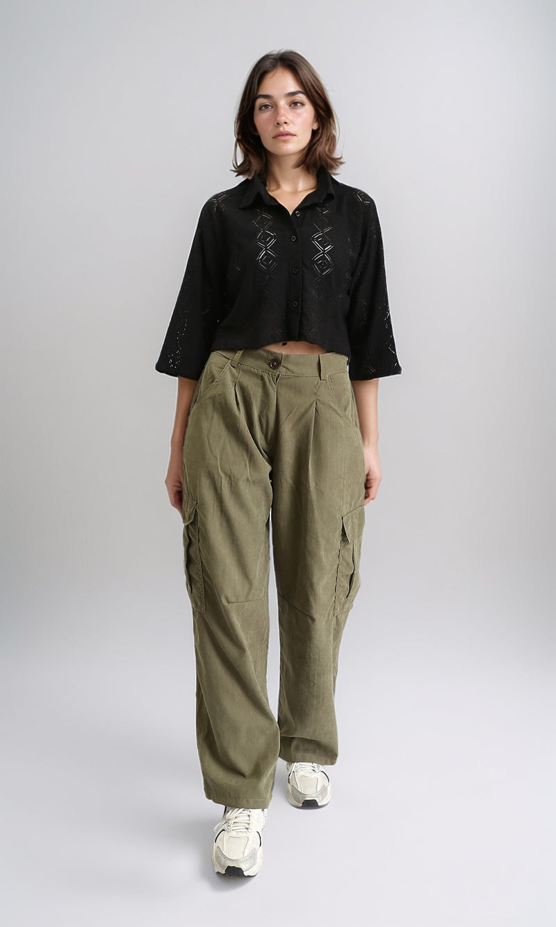 R210314 - 3/4 Sleeves Buttoned Sheer Shirt - Black