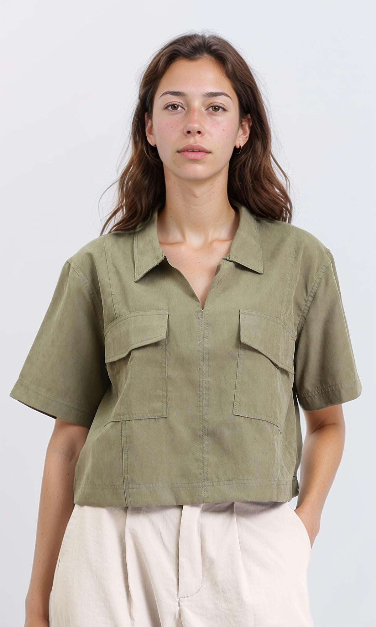 Elbow Sleeves Solid Short Shirt - Dark Olive