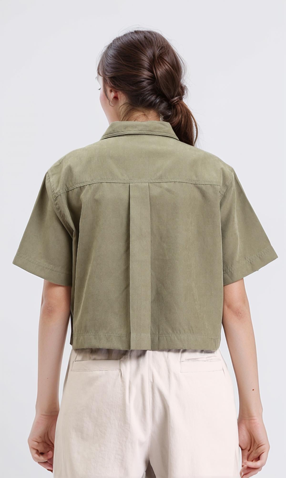 R210316 - Elbow Sleeves Solid Short Shirt - Dark Olive