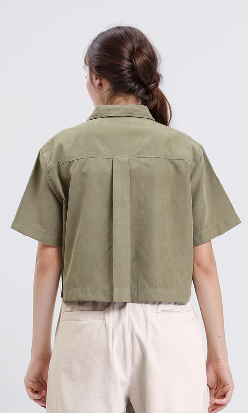 R210316 - Elbow Sleeves Solid Short Shirt - Dark Olive