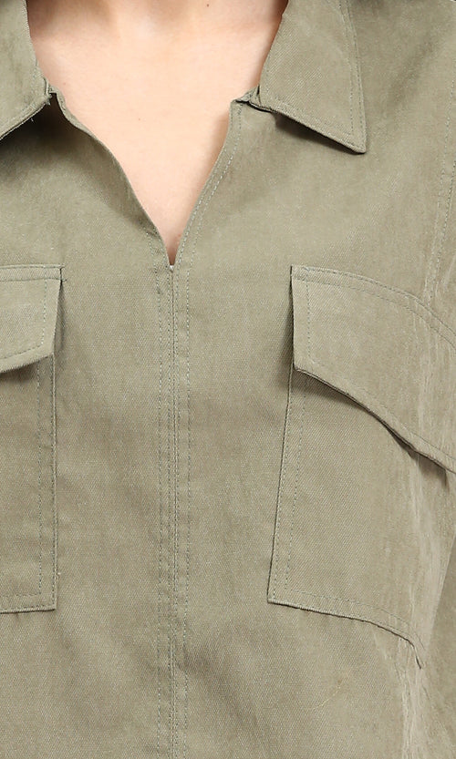 R210316 - Elbow Sleeves Solid Short Shirt - Dark Olive