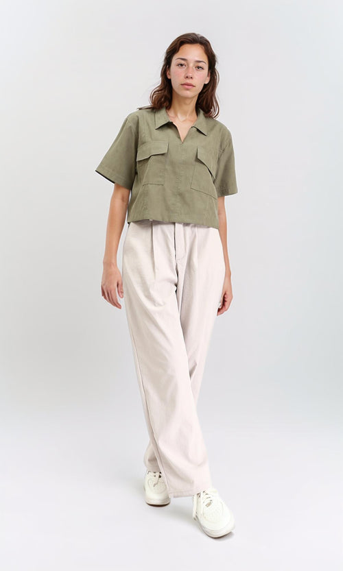 R210316 - Elbow Sleeves Solid Short Shirt - Dark Olive