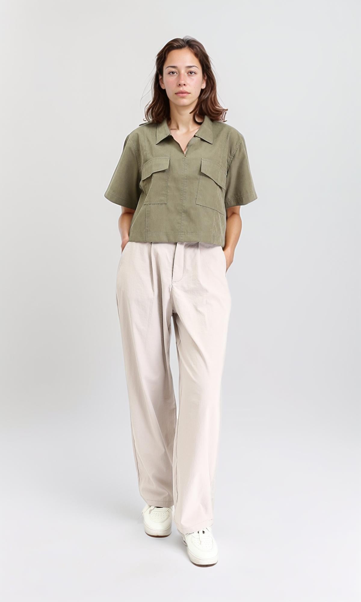 R210316 - Elbow Sleeves Solid Short Shirt - Dark Olive