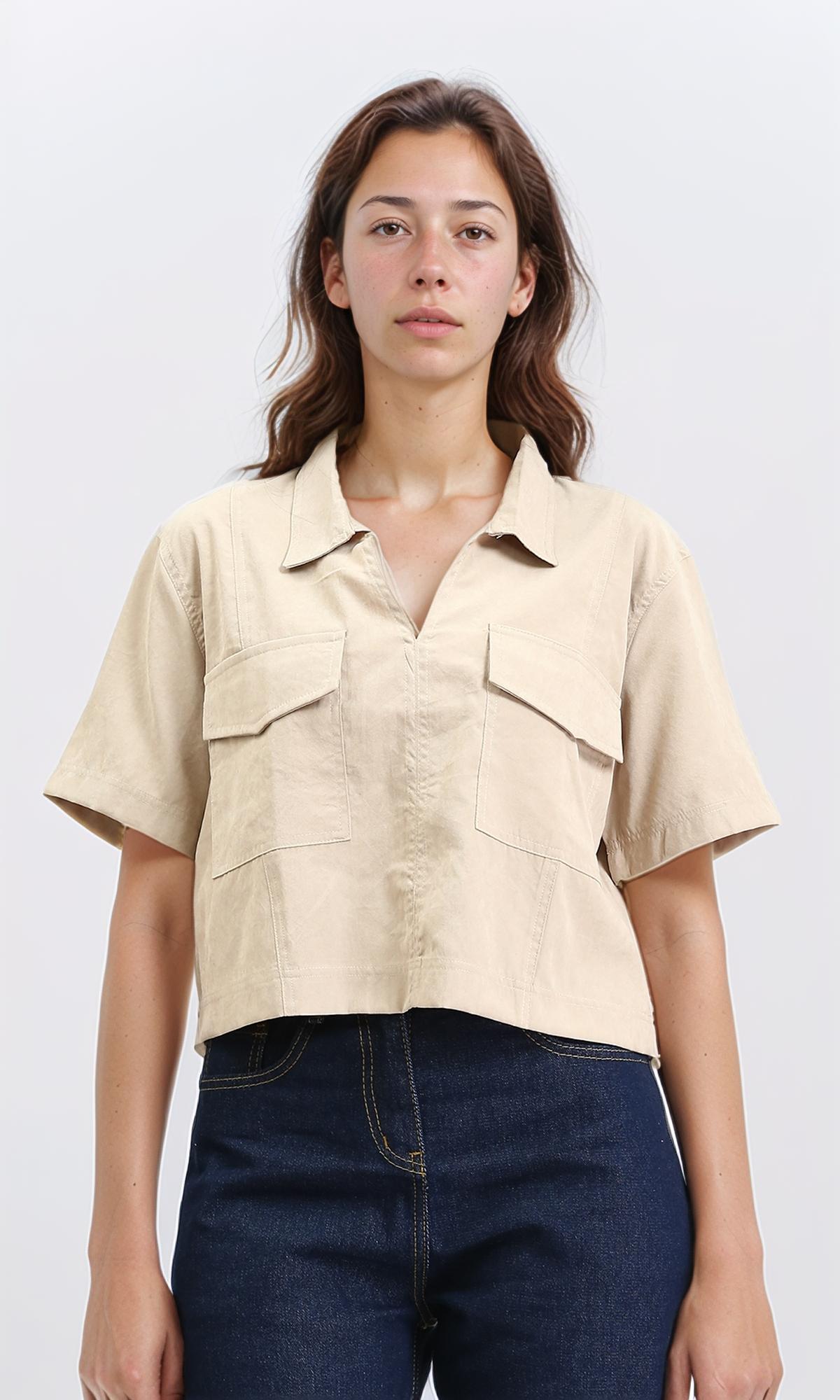 Elbow Sleeves Solid Short Shirt - Beige