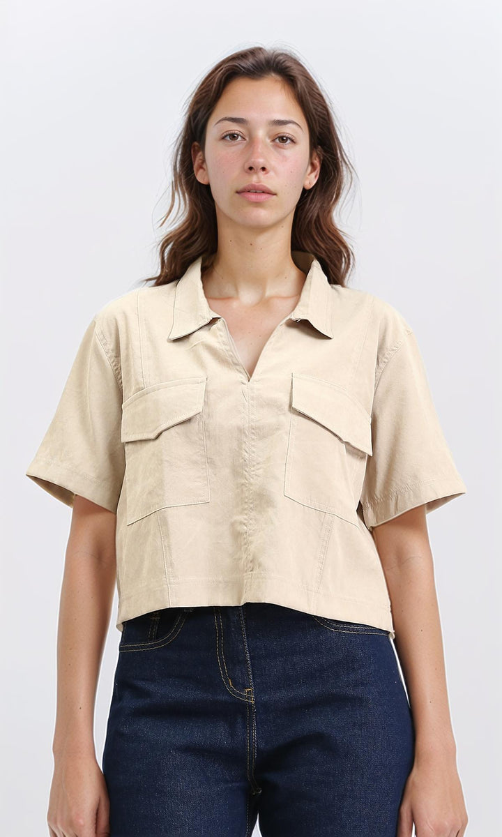 Elbow Sleeves Solid Short Shirt - Beige