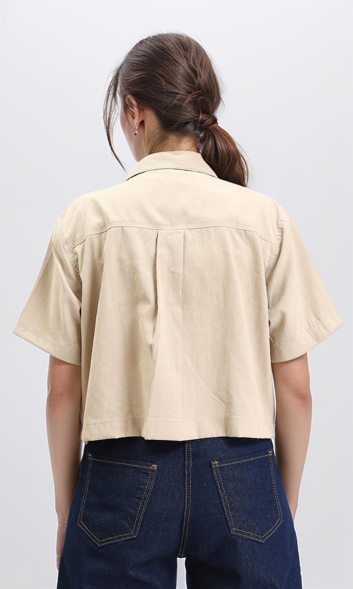 R210317 - Elbow Sleeves Solid Short Shirt - Beige